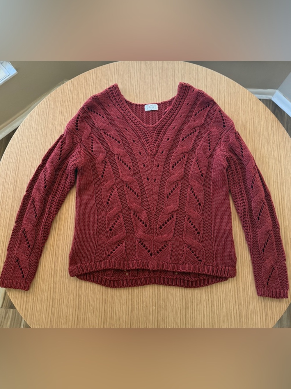 Open-Knit V-Neck Sweater in Deep Wine